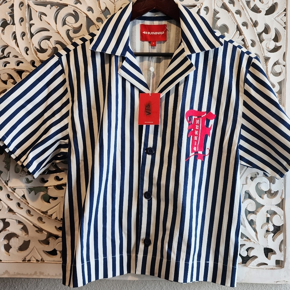 4HUNNID HAVANA STRIPES BUTTON UP CROPPED MENS SHIRT NWT SIZE SMALL - Picture 2 of 13